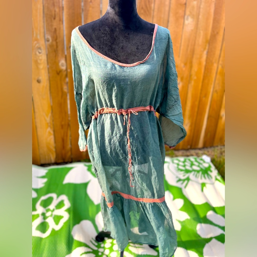 Blue fish 100% silk jumper dress unique lagenlook green sheer one size USA made